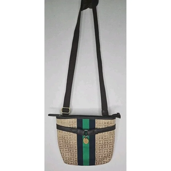 Tommy Hilfiger Tan Blue Square Stripe Crossbody Bag Purse Vintage - Picture 3 of 13